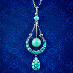 Antique Victorian Turquoise Crescent Pendant Necklace Silver 