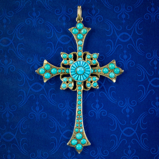 Antique Victorian Turquoise Cross Pendant Silver Gilt