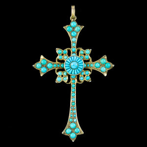 Antique Victorian Turquoise Cross Pendant Silver Gilt