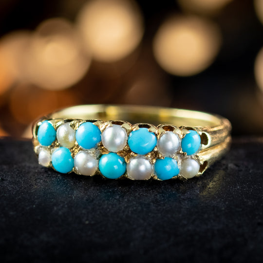 Antique Victorian Turquoise Pearl Checkerboard Ring