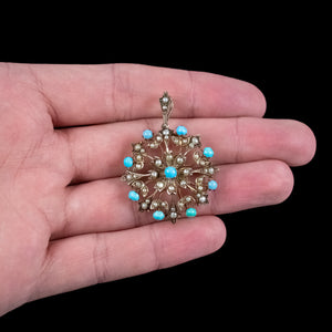 Antique Victorian Turquoise Pearl Flower Pendant 18ct Gold 