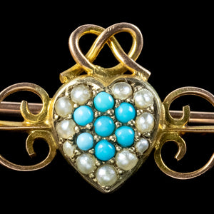 Antique Victorian Turquoise Pearl Heart Bar Brooches 9ct Gold