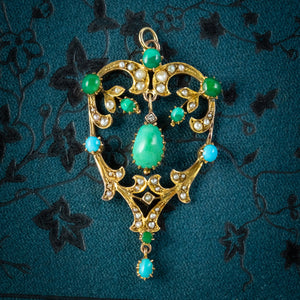 Antique Victorian Turquoise Pearl Pendant 9ct Gold Circa 1900