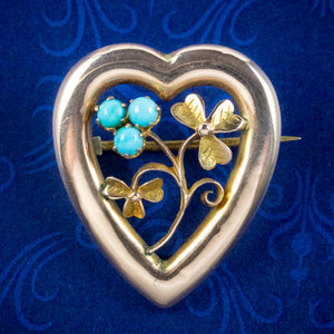 Antique Victorian Turquoise Shamrock Heart Brooches 9ct Gold