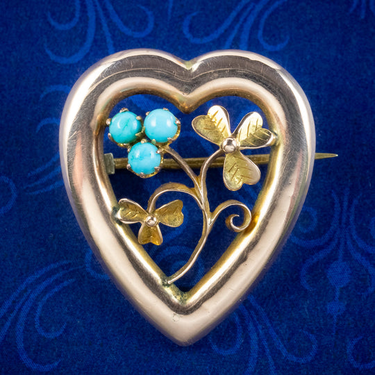 Antique Victorian Turquoise Shamrock Heart Brooch 9ct Gold