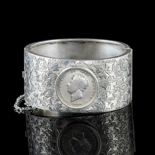 Antique Victorian Bangle George IV Coin Sterling Silver Ivy Dated 1882