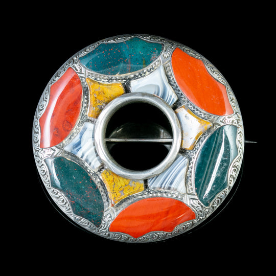 Antique Victorian Scottish Agate Brooch Silver
