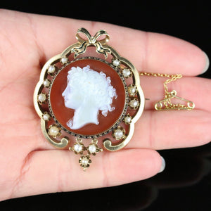 ANTIQUE VICTORIAN HARDSTONE CAMEO BROOCH 15CT GOLD PEARLS