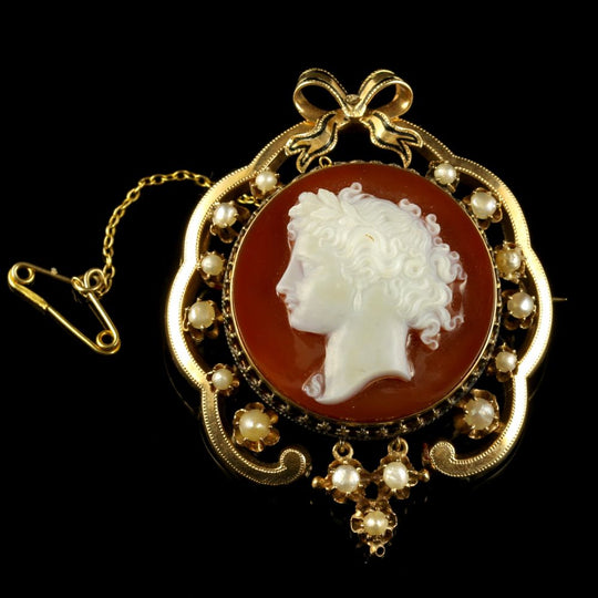 Antique Victorian Hardstone Cameo Brooch 15ct Gold Pearls
