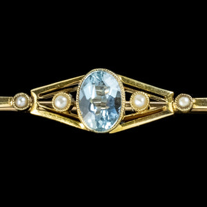 Art Deco Aquamarine Pearl Bar Brooches 15ct Gold Circa 1920