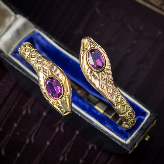 Art Deco Double Snake Bangle Violet Paste Rolled Gold