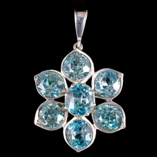 Vintage Blue Zircon Pendant Silver Flower Pendant