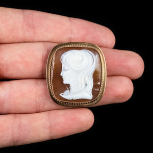 BULLMOUTH SHELL CAMEO PORTRAIT BROOCH 9CT GOLD DATED 1965