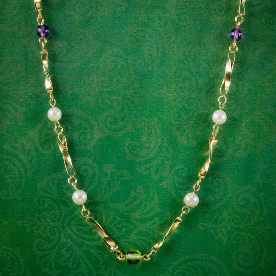 Edwardian Suffragette Style Necklace Peridot Amethyst Pearl Dated 1985