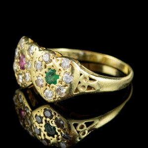 Vintage Ruby Emerald Diamond Double Heart Ring 18ct Gold, Dated 1979