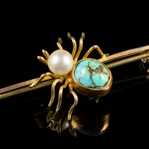 VINTAGE PEARL TURQUOISE SPIDER Brooches 9CT GOLD CIRCA 1930