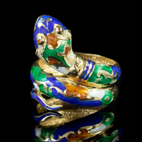 Vintage Serpent Snake Ring 9Ct Gold, Enamel