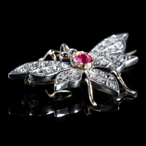 VICTORIAN RUBY DIAMOND BUTTERFLY 18CT SILVER Brooches CIRCA 1900