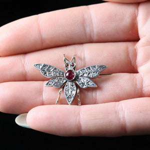 VICTORIAN RUBY DIAMOND BUTTERFLY 18CT SILVER Brooches CIRCA 1900