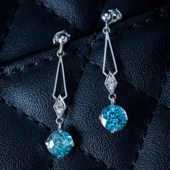 Vintage Blue Zircon Diamond Drop Earrings 18ct Gold 1ct Zircons