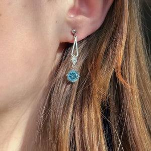 Vintage Blue Zircon Diamond Drop Earrings 18ct Gold 1ct Zircons