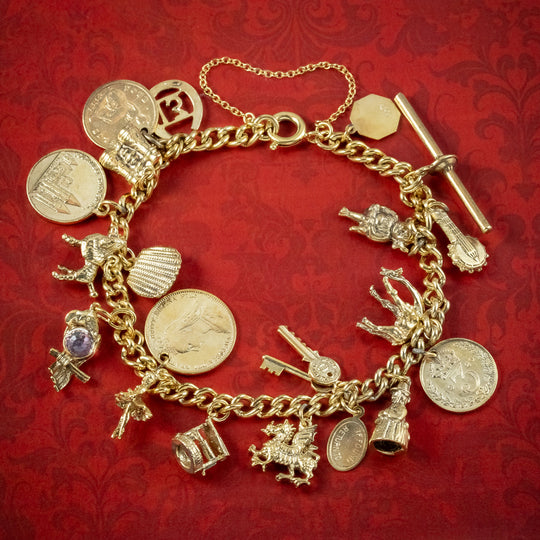 Vintage Charm Curb Bracelet Silver Gilt Eighteen Charms