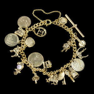 Vintage Charm Curb Bracelet Silver Gilt Eighteen Charms 