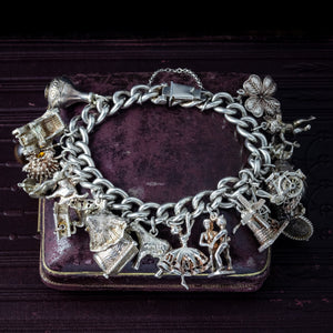 Vintage Charm Curb Bracelet Silver With Nineteen Charms