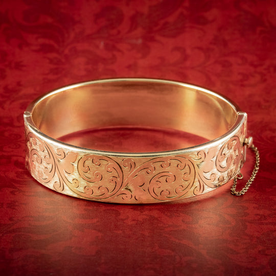 Vintage Engraved Cuff Bangle 9ct Gold Cased