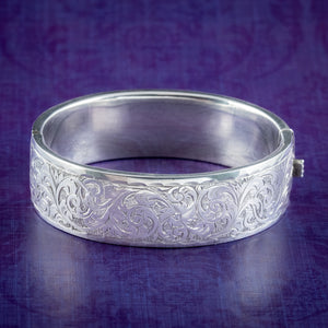 Vintage Engraved Cuff Bangle Sterling Silver Dated 1946
