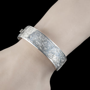 Vintage Engraved Cuff Bangle Sterling Silver Dated 1946