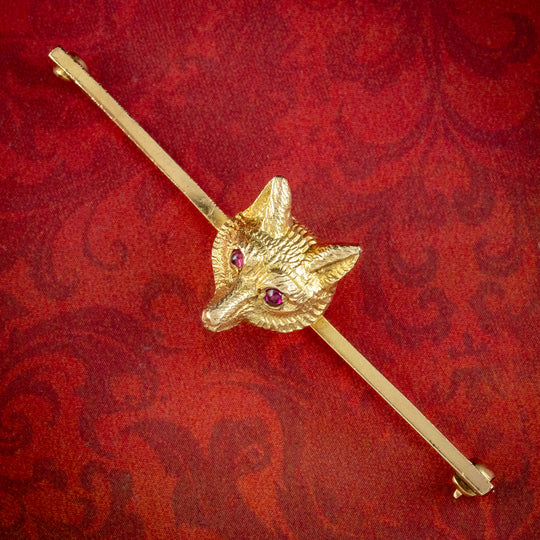Vintage Fox Bar Brooch Ruby Eyes 9ct Gold Dated 1960