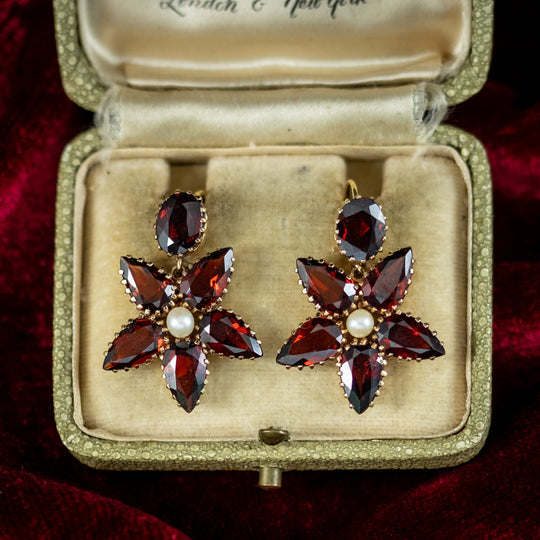 Vintage Garnet Pearl Flower Earrings 15ct Gold