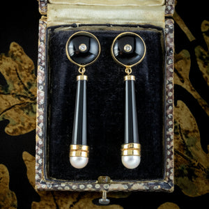Vintage Onyx Diamond Pearl Drop Earrings 14ct Gold