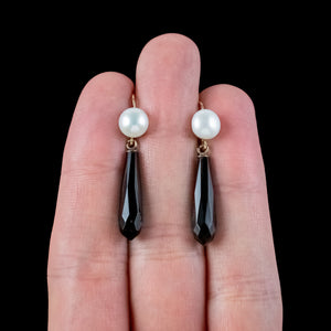 Vintage Pearl French Jet Drop Earrings 14ct Gold