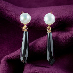 Vintage Pearl French Jet Drop Earrings 14ct Gold