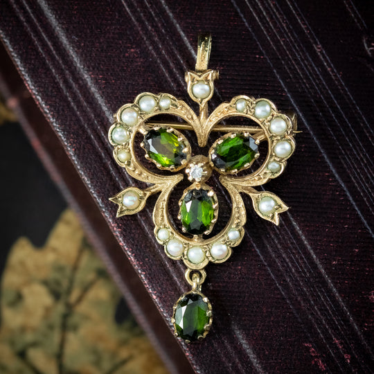 Vintage Peridot Pearl Pendant 9ct Gold Dated 1982
