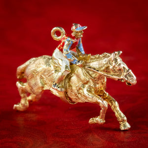 Vintage Racehorse And Jockey Charm Pendant 9ct Gold Enamel Dated 1964