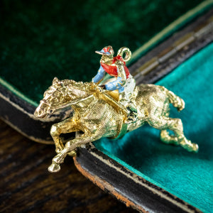 Vintage Racehorse And Jockey Charm Pendant 9ct Gold Enamel Dated 1964