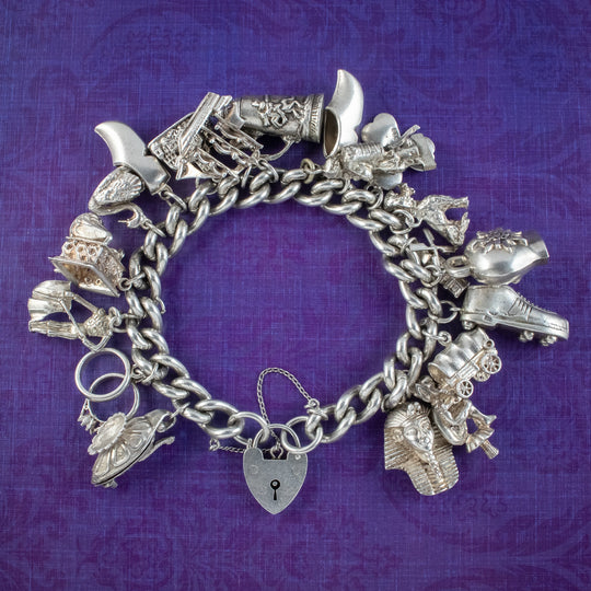 Vintage Silver Curb Bracelet With Heart Padlock And Twenty Charms