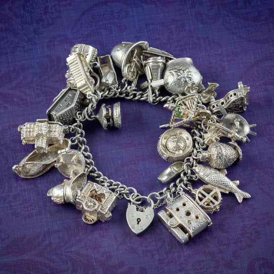 Vintage Silver Curb Bracelet With Heart Padlock And Twenty Eight Charms
