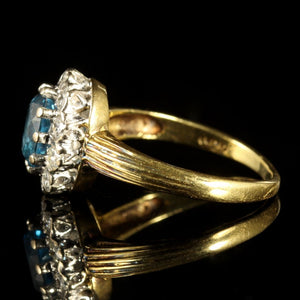 VINTAGE BLUE ZIRCON DIAMOND CLUSTER ENGAGEMENT RING 18CT GOLD