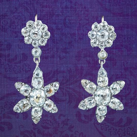 Antique Georgian Paste Stone Flower Earrings Silver Circa 1800