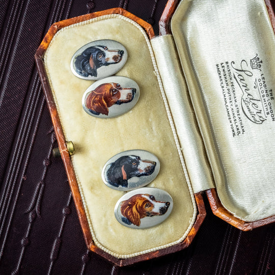 Antique Victorian Cufflinks Enamel Spaniel Dog Silver Circa 1900 Boxed
