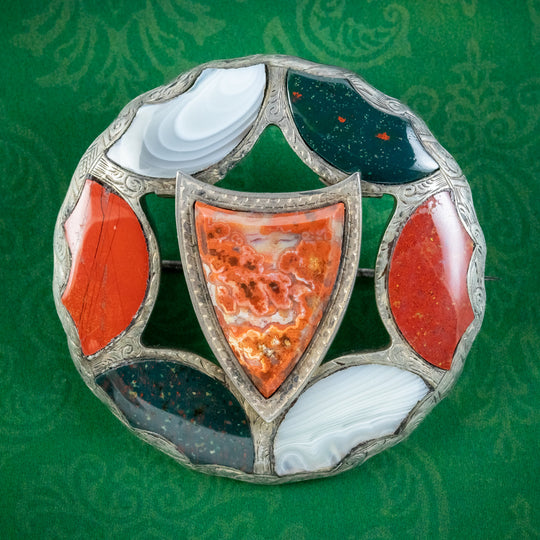 Antique Victorian Scottish Agate Shield Brooches Silver